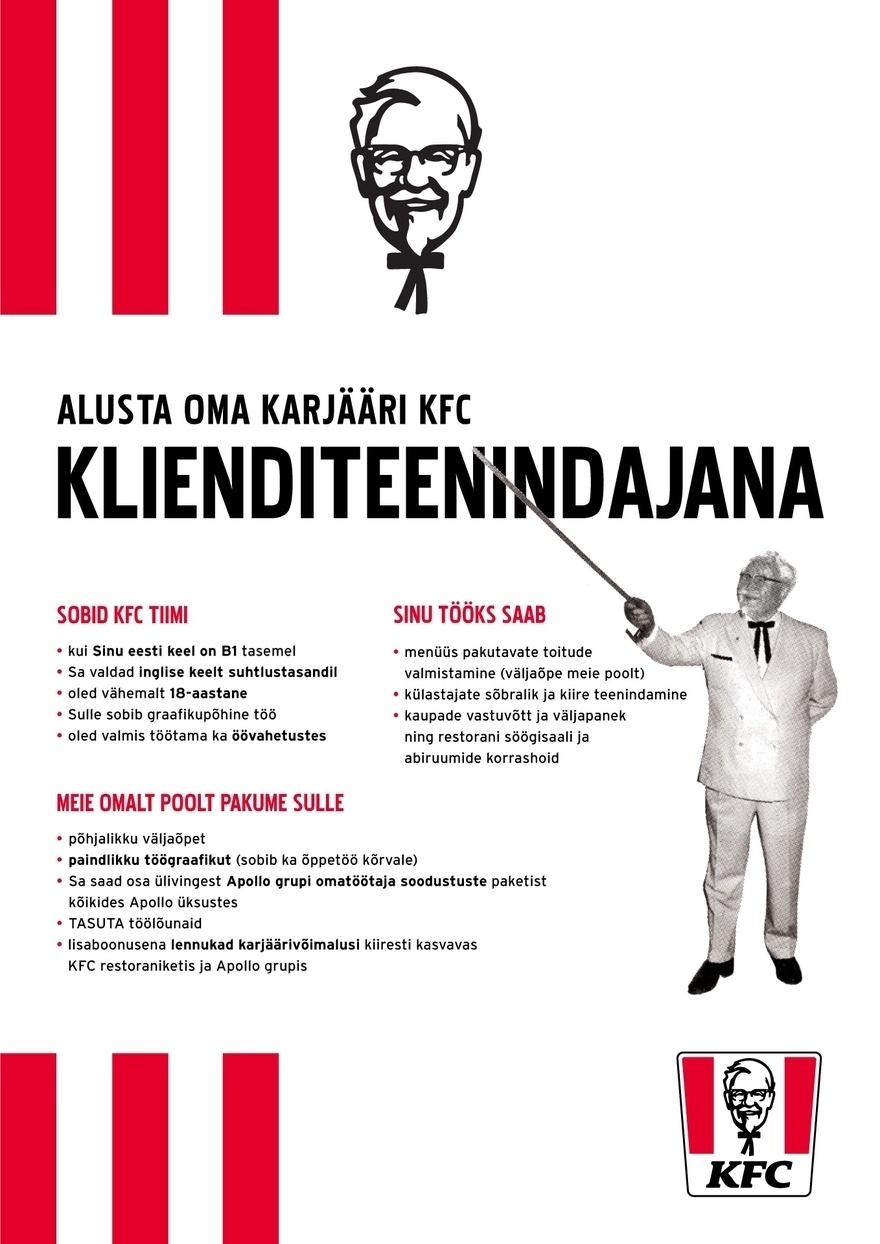 APL Fresh Food OÜ KFC Tasku kutsub tiimi KLIENDITEENINDAJAID