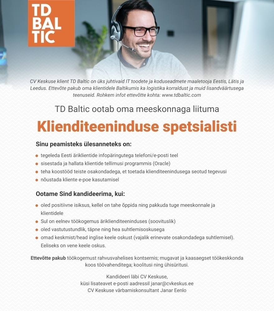 TD Baltic AS Klienditeeninduse spetsialisti