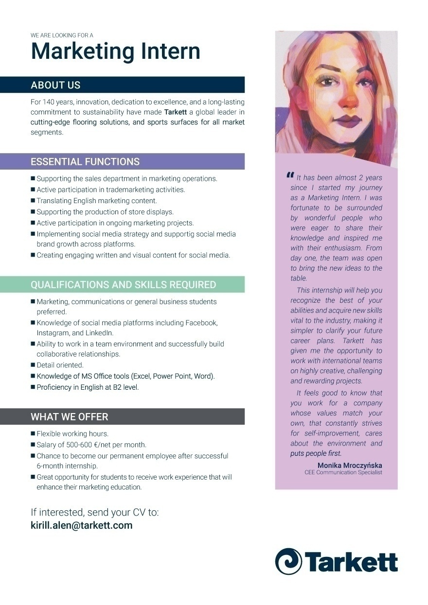 TARKETT POLSKA SP. Z O.O. EESTI FILIAAL Marketing Intern