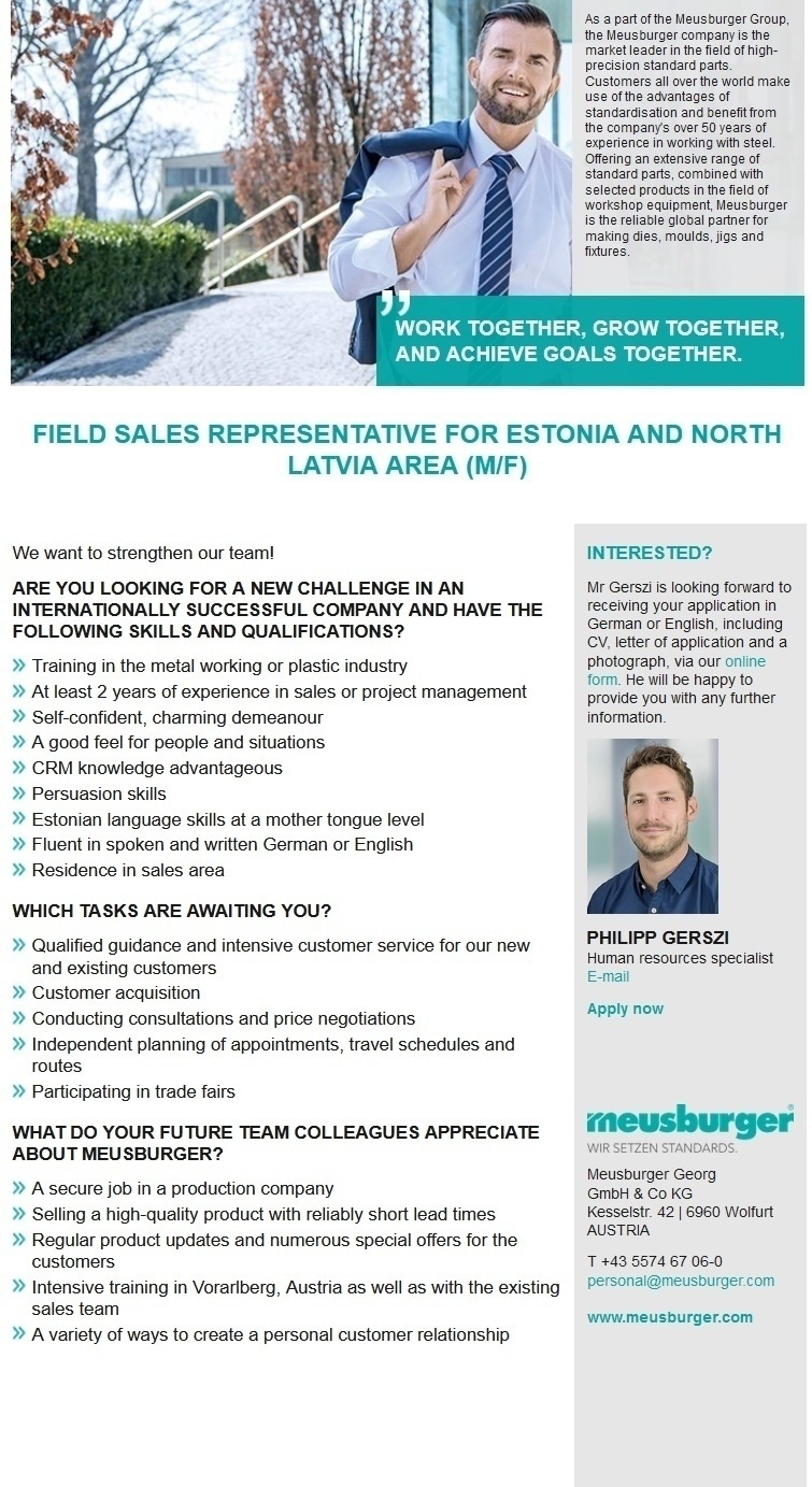 Meusburger Georg GmbH & Co. KG Field Sales Representative for Estonia and North-Latvia Area (m/f)
