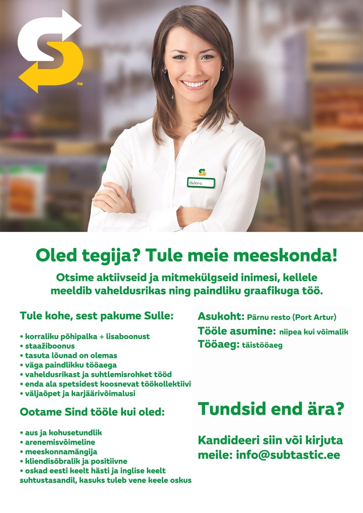 Subtastic OÜ Klienditeenindaja - Pärnu Subway Resto