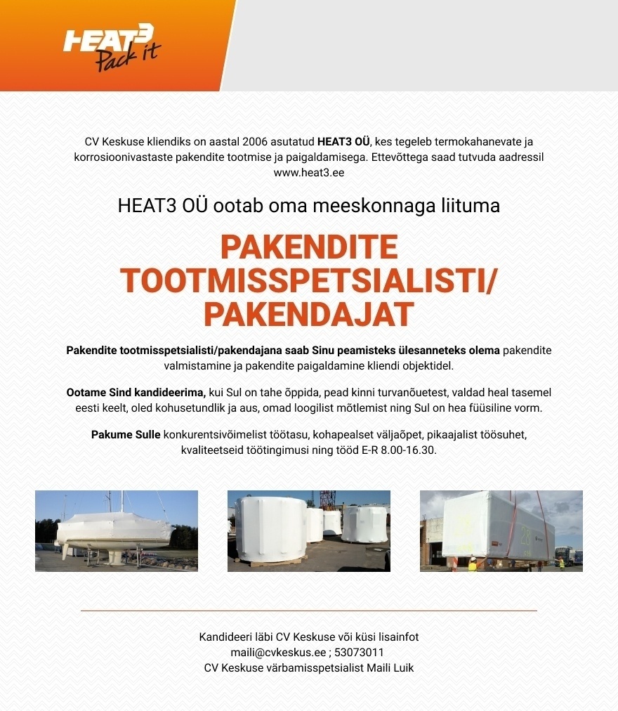 HEAT3 OÜ PAKENDITE TOOTMISSPETSIALISTI/PAKENDAJA