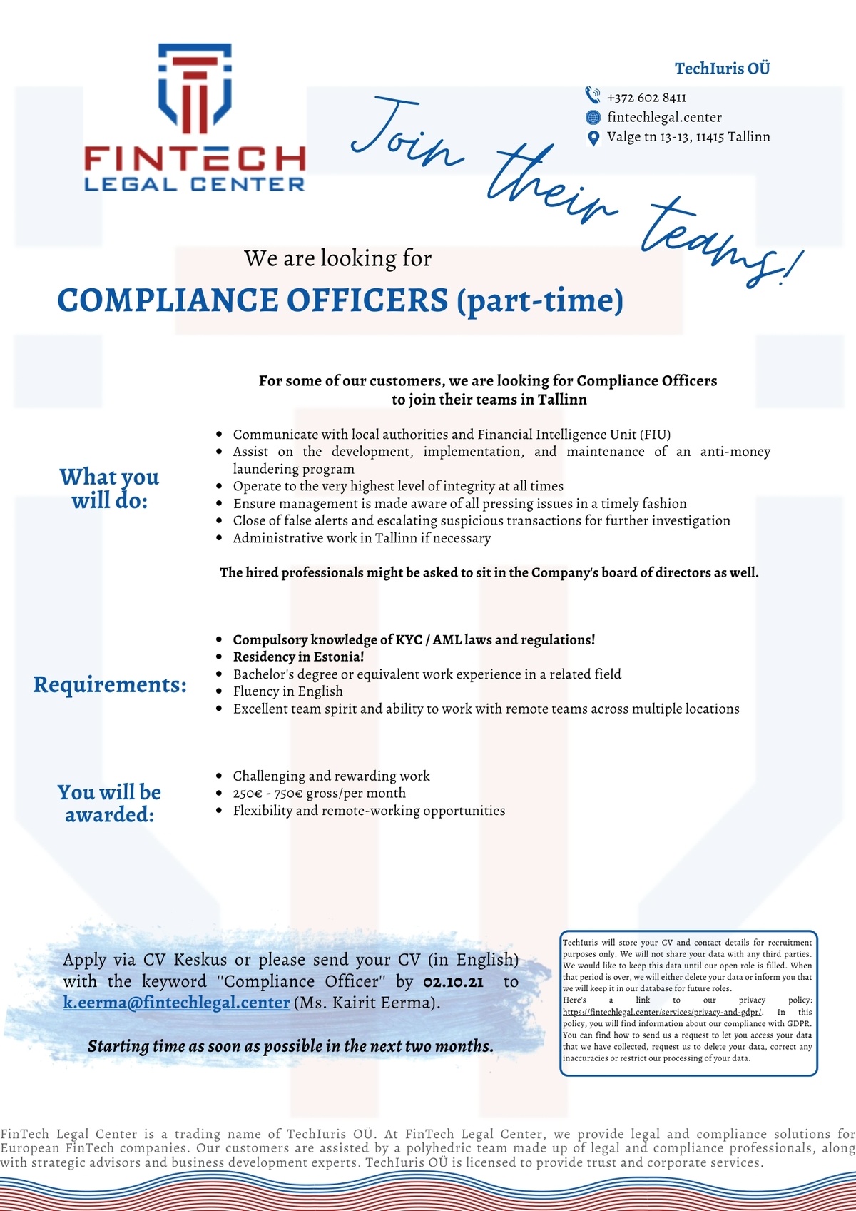 TechIuris OÜ Compliance Officers (part-time)