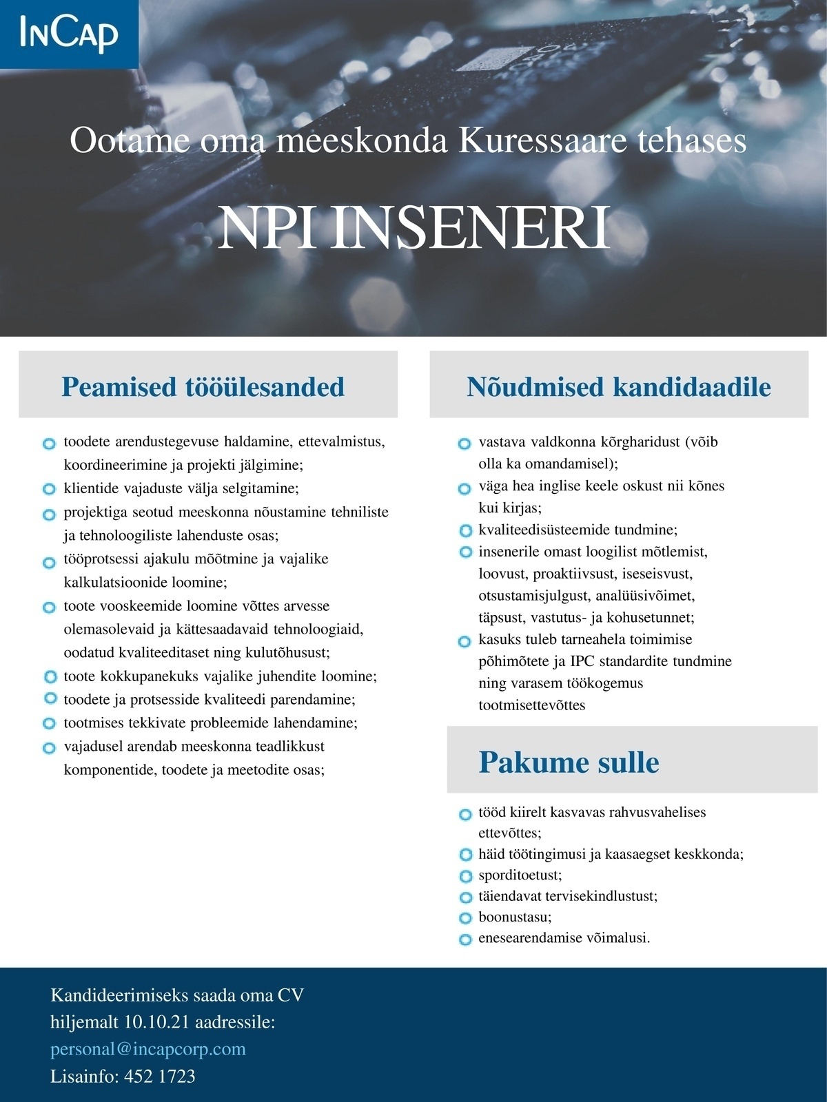 Incap Electronics Estonia OÜ NPI insener