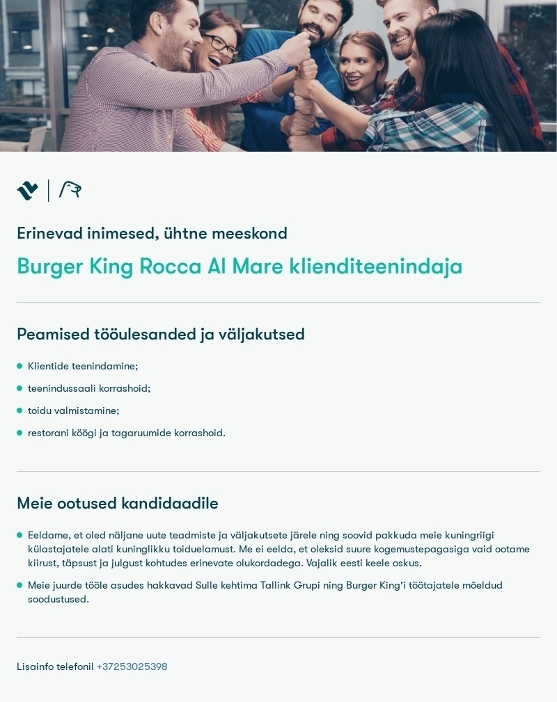 Tallink Grupp AS Burger King klienditeenindaja Rocca Al Mare kaubanduskeskuses