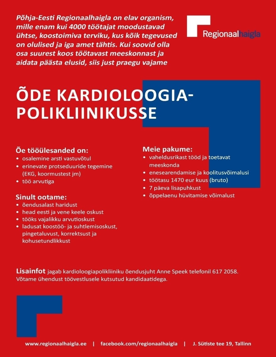 Põhja-Eesti Regionaalhaigla SA Õde kardioloogiapolikliinikusse