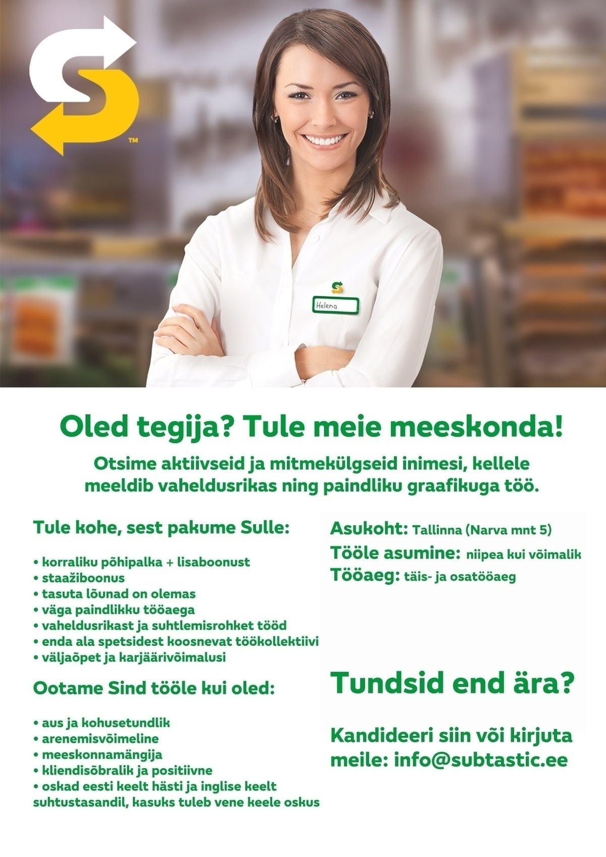 Subtastic OÜ Klienditeenindaja - Subway Restos Tallinnas (Hobujaam)
