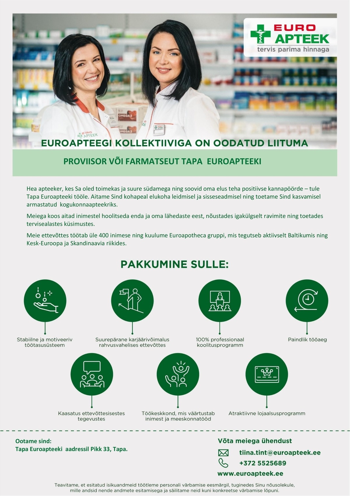 Euroapteek OÜ Proviisor või farmatseut Tapa Euroapteeki
