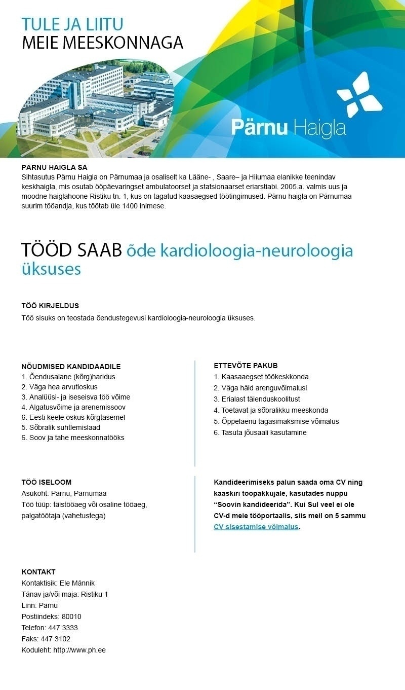 Pärnu Haigla SA Õde kardioloogia-neuroloogiaüksuses