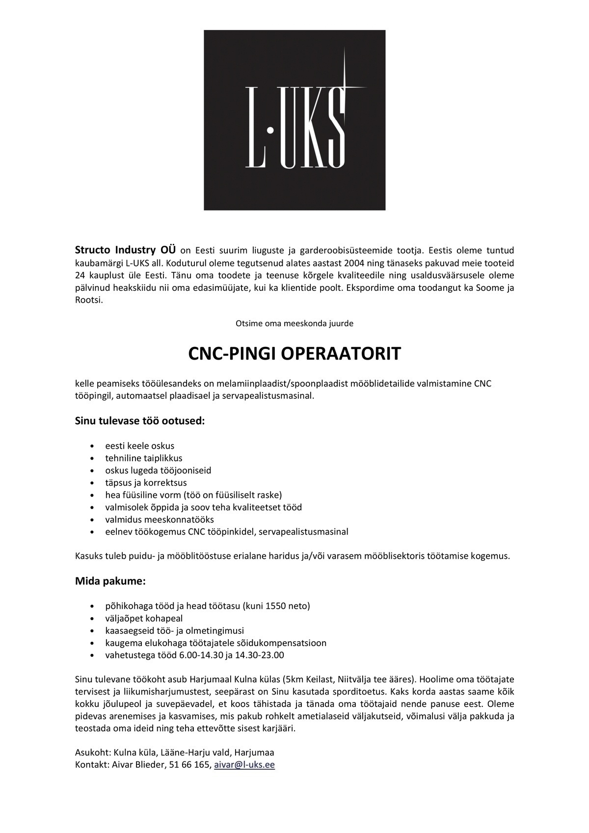 Structo Industry OÜ CNC-PINGI OPERAATOR
