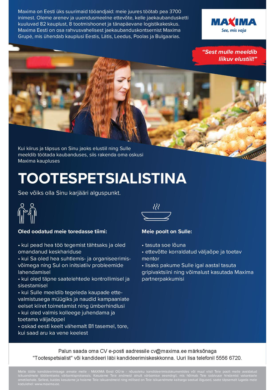 Maxima Eesti OÜ Tootespetsialist UUDE Lasnamäe Maxima kauplusesse