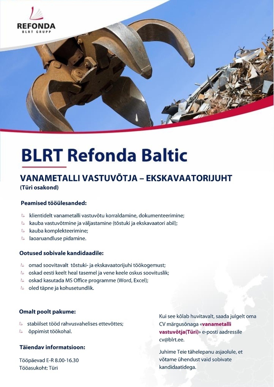 BLRT Refonda Baltic OÜ VANAMETALLI VASTUVÕTJA – EKSKAVAATORIJUHT
