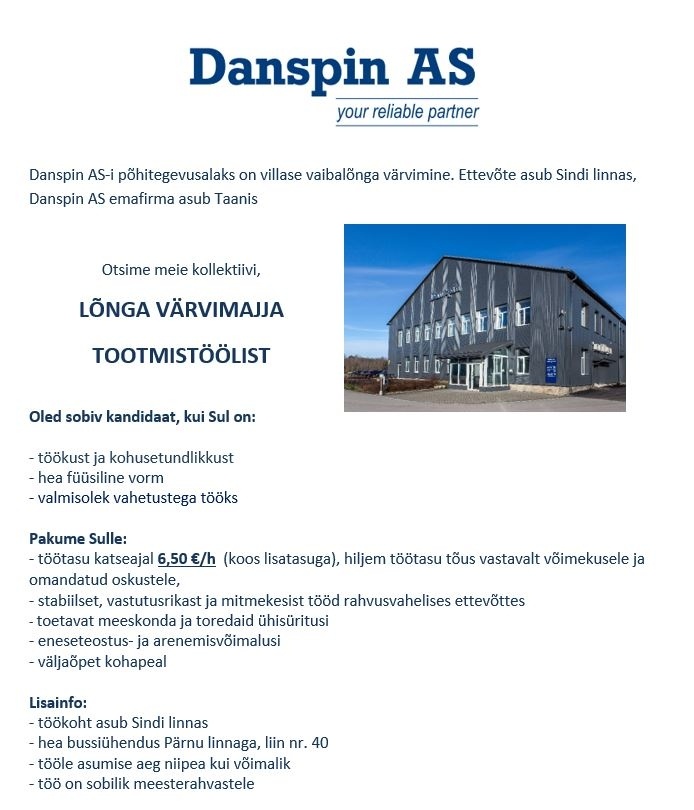 Danspin AS Tootmistööline värvimaja osakonda