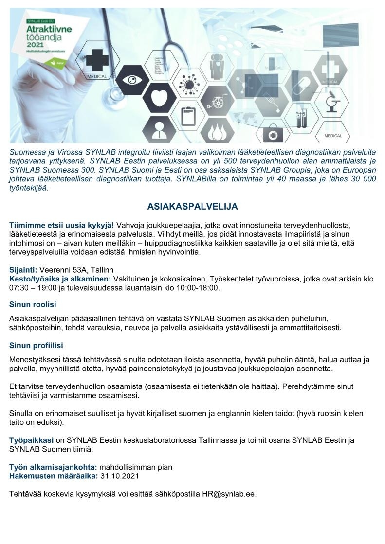 SYNLAB Eesti OÜ ASIAKASPALVELIJA