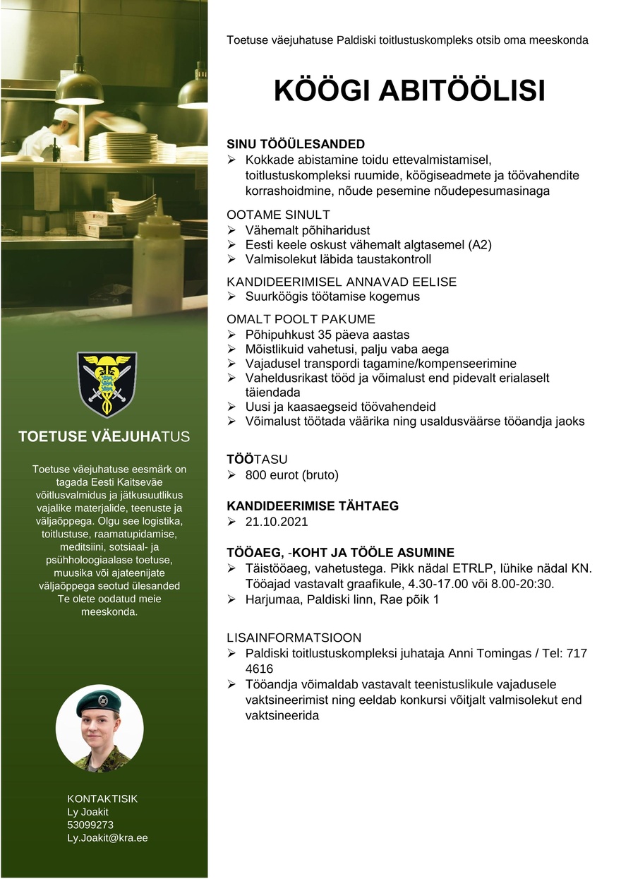 Toetuse väejuhatus Köögi abitööline (Paldiski)