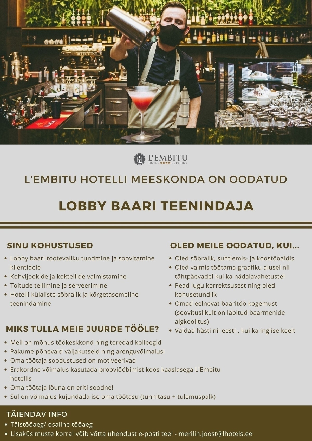 HOTEL L'EMBITU OÜ Lobby baari teenindaja