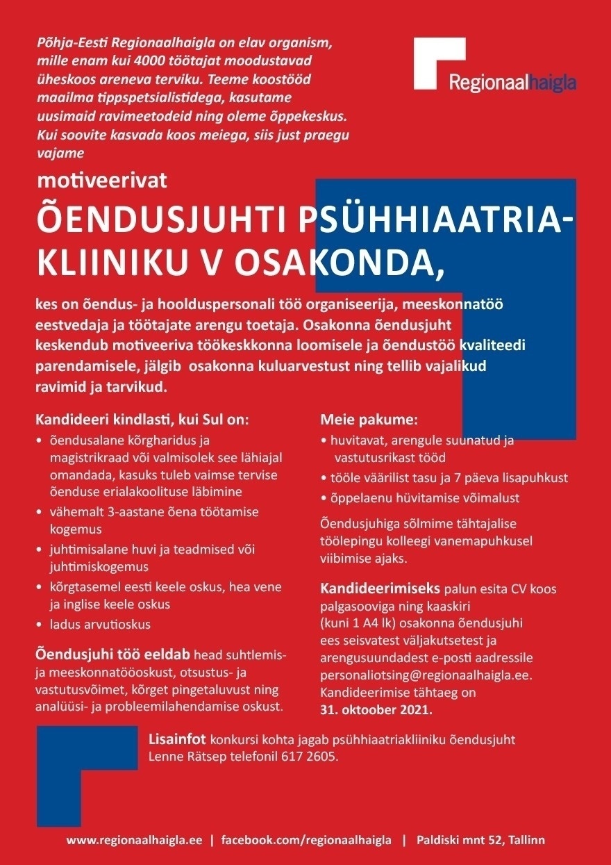 Põhja-Eesti Regionaalhaigla SA Õendusjuht psühhiaatriakliiniku V osakonda (asenduskoht)