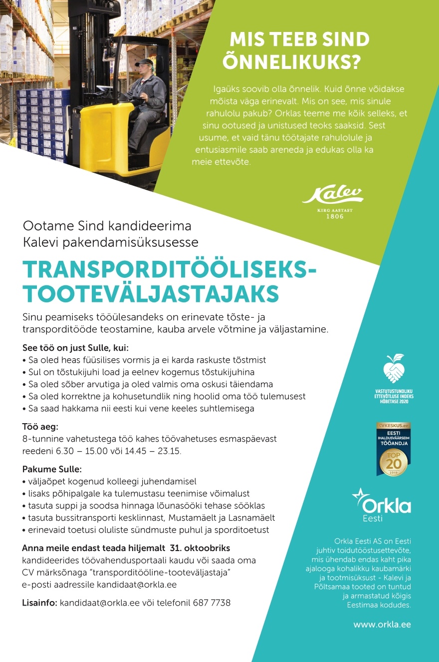 Orkla Eesti AS (Kalev ja Põltsamaa Felix) Transporditööline-tooteväljastaja