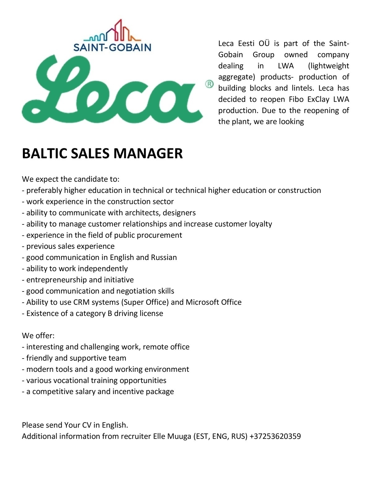 Leca Eesti OÜ (SAINT-GOBAIN) Baltic Sales Manager