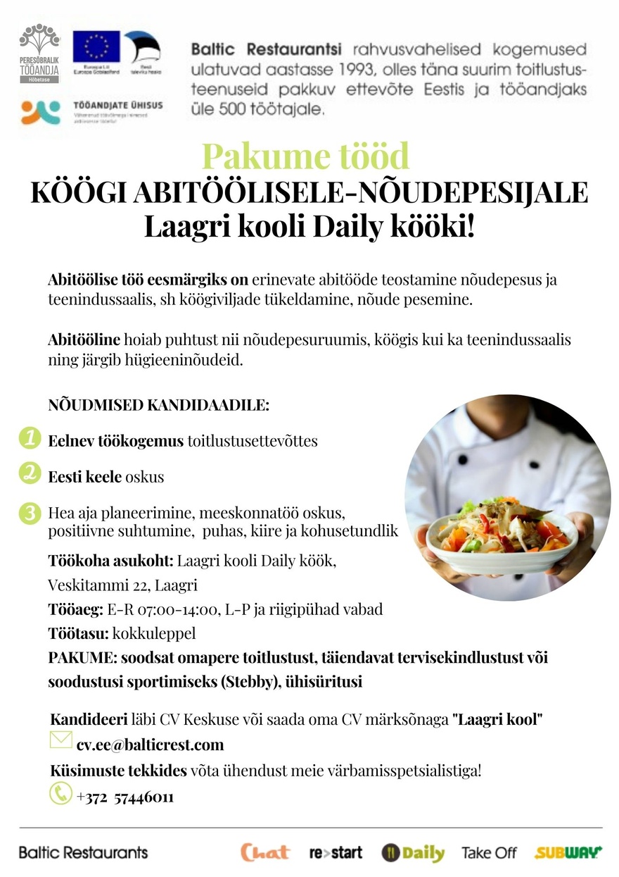 Baltic Restaurants ABITÖÖLINE Laagri Kooli Daily kööki