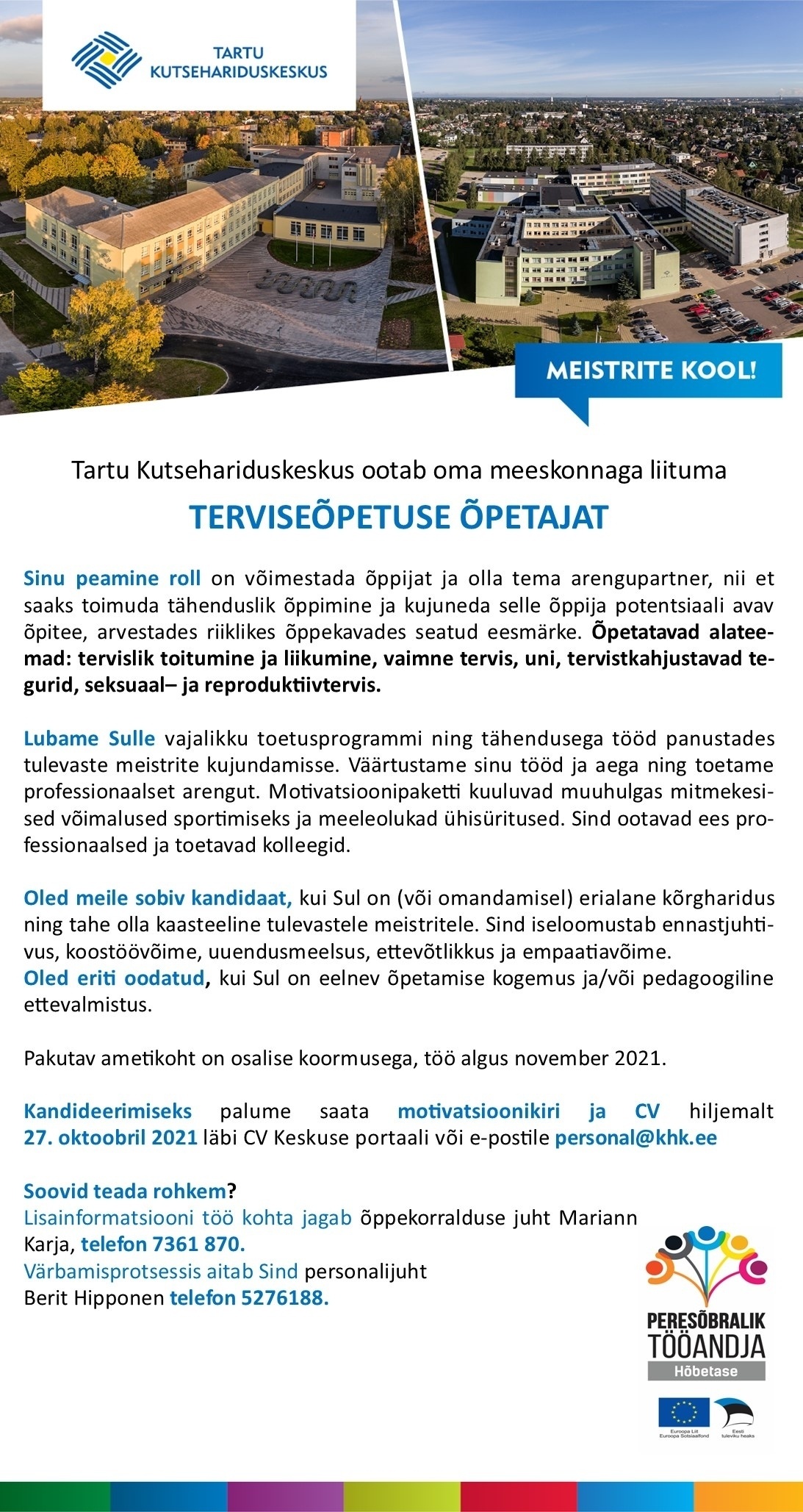 Tartu Kutsehariduskeskus Terviseõpetuse õpetaja (osaline koormus)