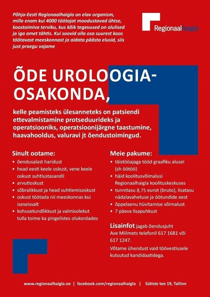 Põhja-Eesti Regionaalhaigla SA Õde uroloogiaosakonda