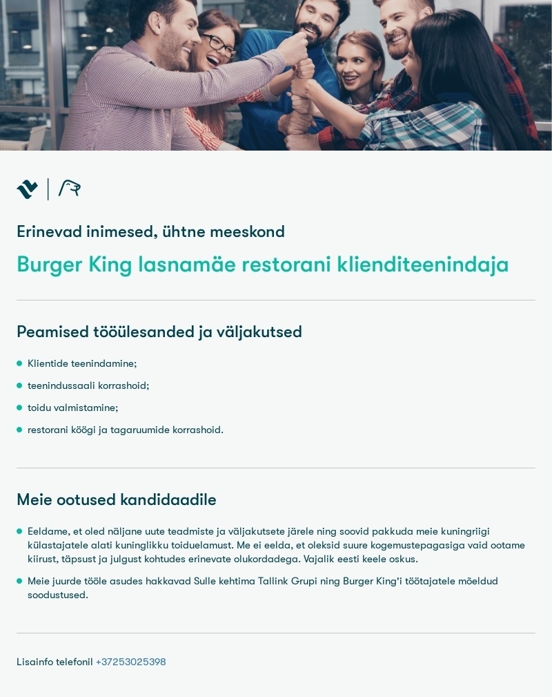Tallink Grupp AS Burger King klienditeenindaja Lasnamäe Centrum kaubanduskeskuses