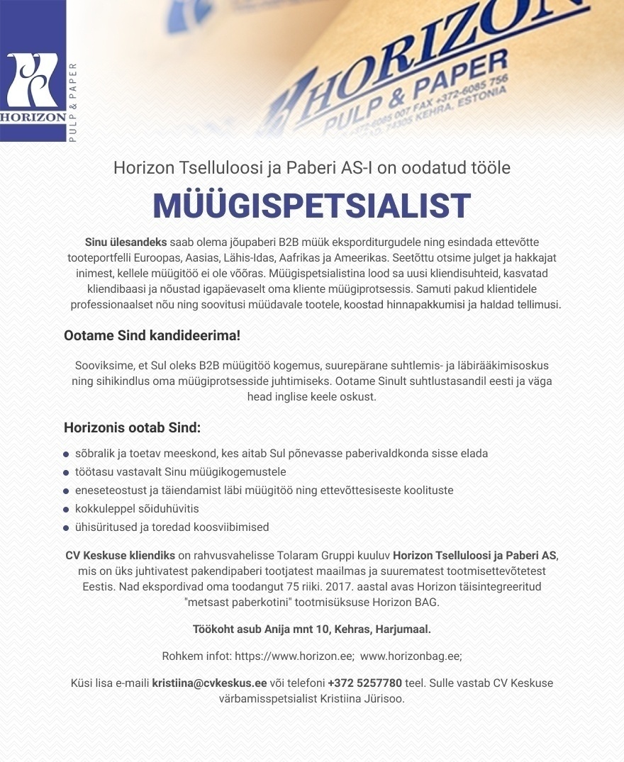 Horizon Tselluloosi ja paberi AS Ekspordi müügispetsialist (jõupaber)