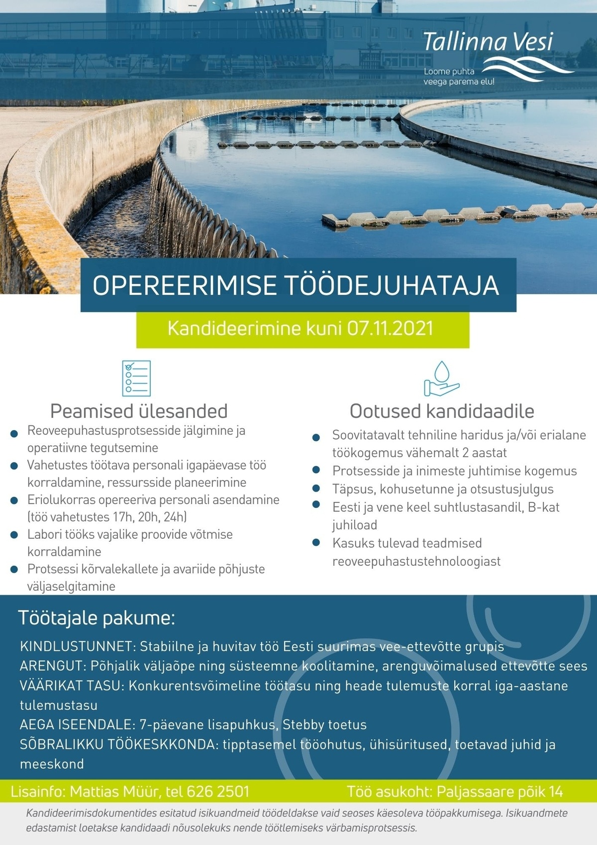 Tallinna Vesi AS Opereerimise töödejuhataja (Paljassaare reoveepuhastusjaam)