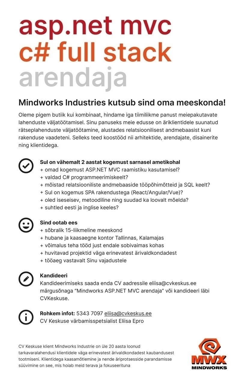MINDWORKS INDUSTRIES OÜ ASP.NET MVC / C# FULL STACK ARENDAJA