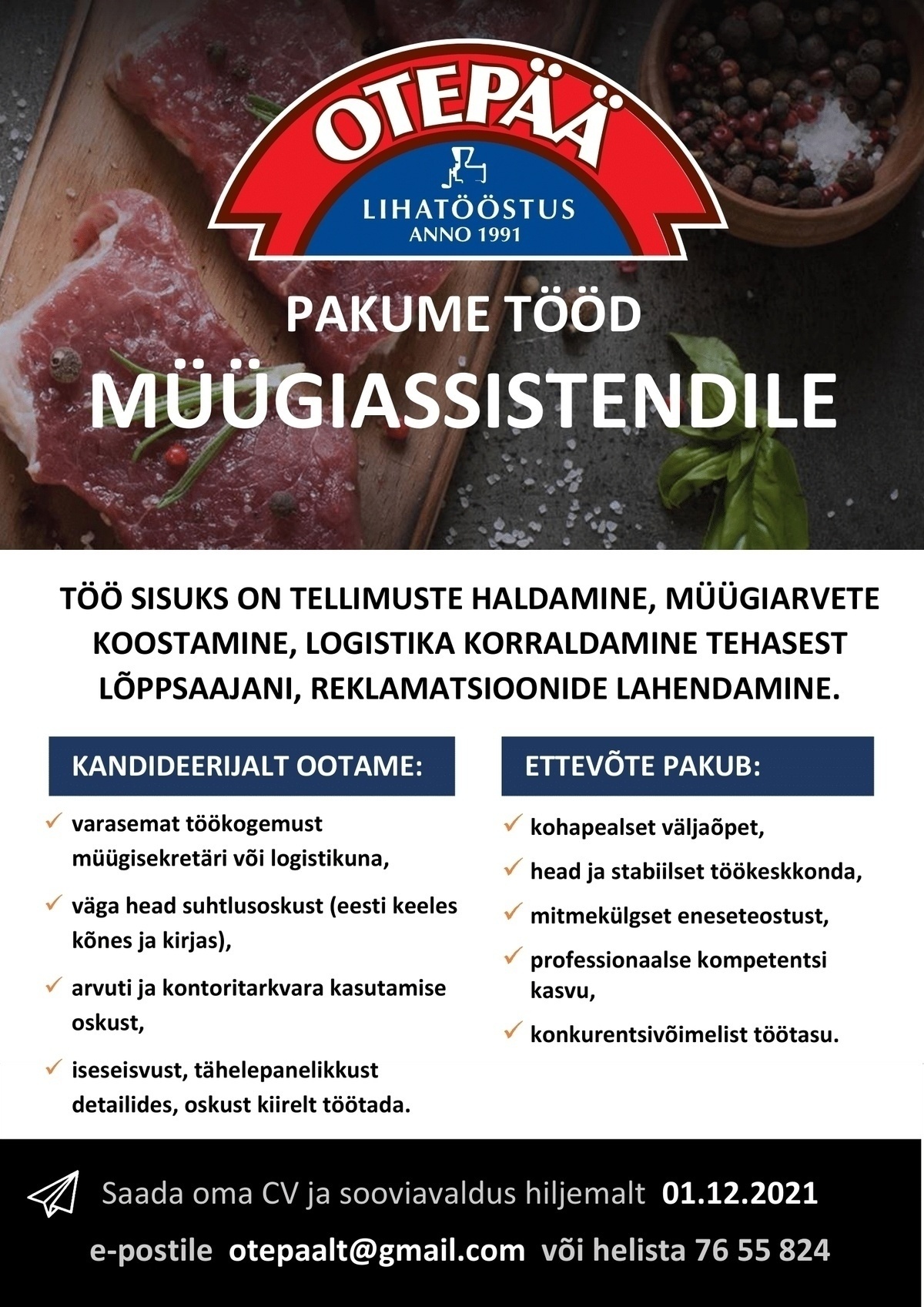 Otepää Lihatööstus Edgar OÜ Müügiassistent
