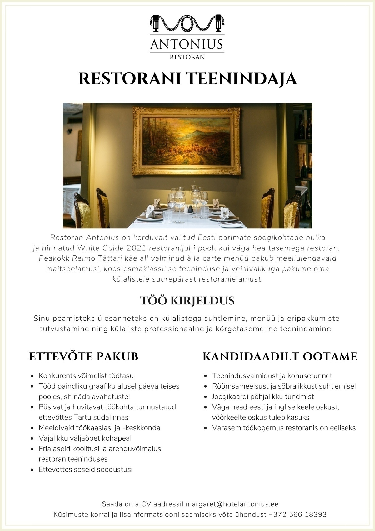 Hotell Antonius OÜ Restorani teenindaja
