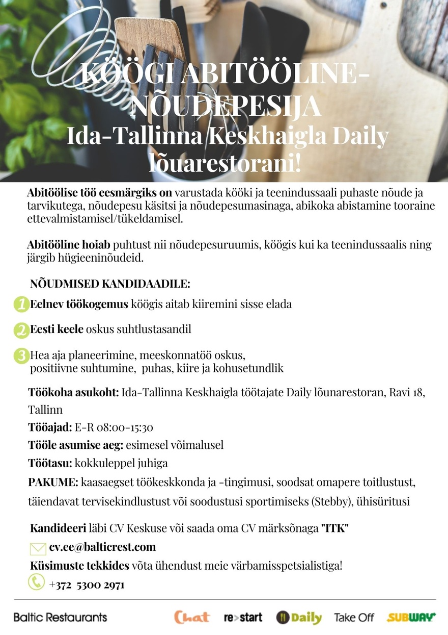 BALTIC RESTAURANTS ESTONIA AS ABITÖÖLINE-NÕUDEPESIJA Ida-Tallinna Keskhaigla DAILY lõunarestorani!
