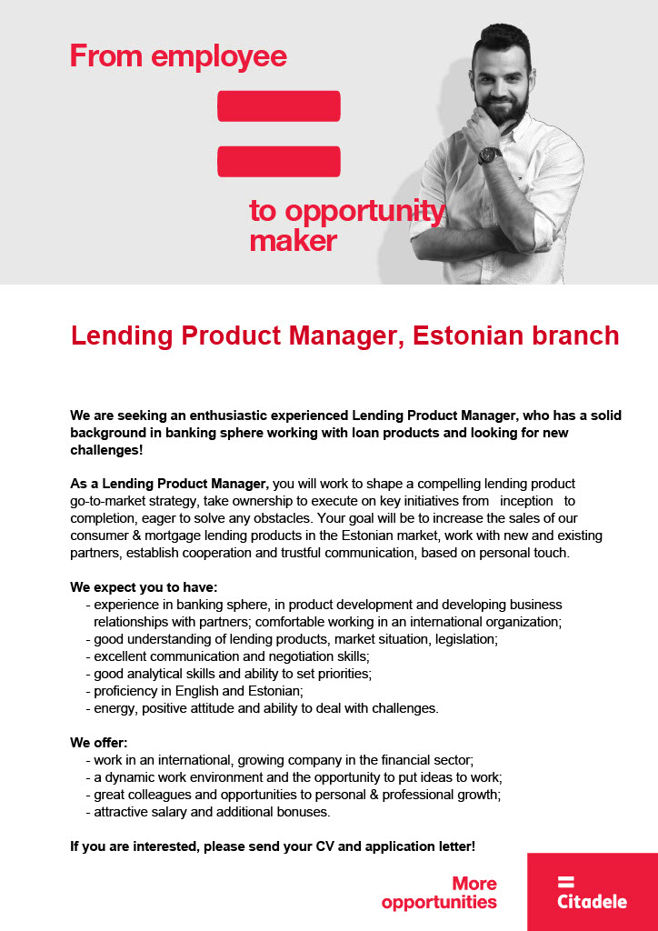 Estonian branch Lending Product Manager, Estonian branch