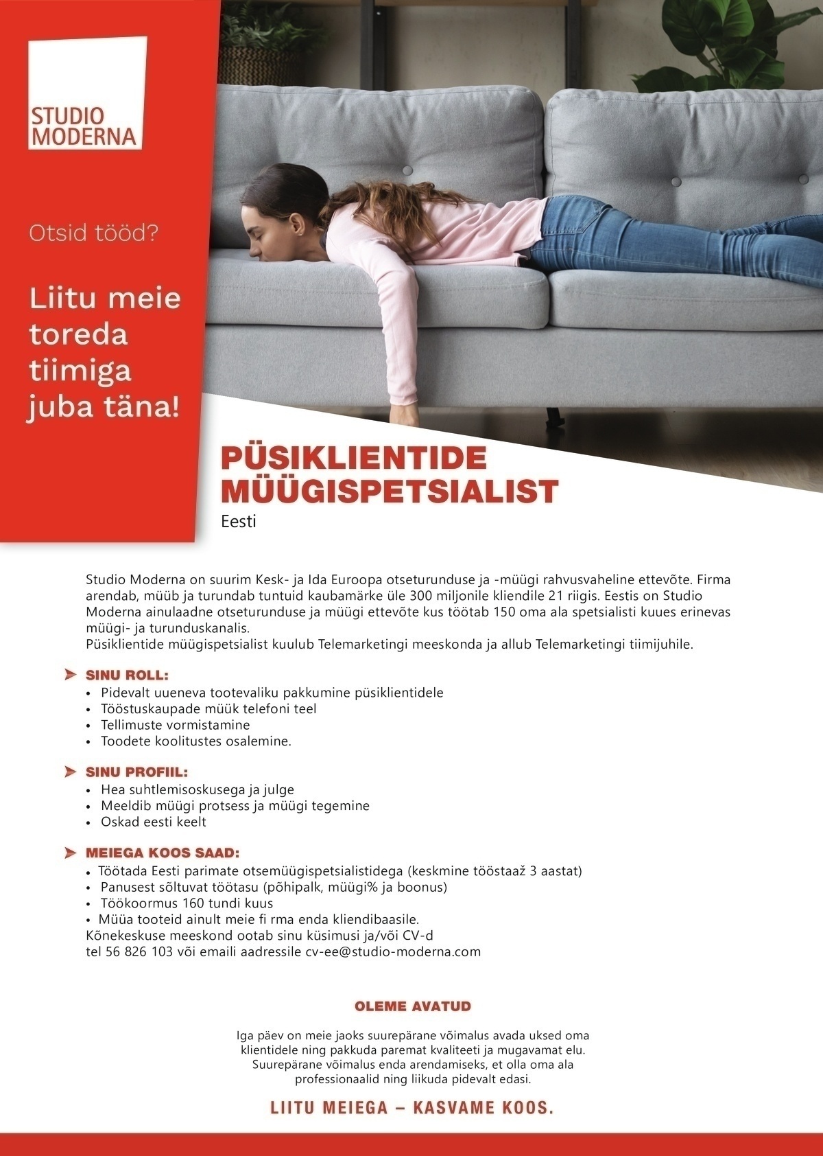 STUDIO MODERNA OÜ Klienditeeninduse ja müügispetsialist (kodukontor)