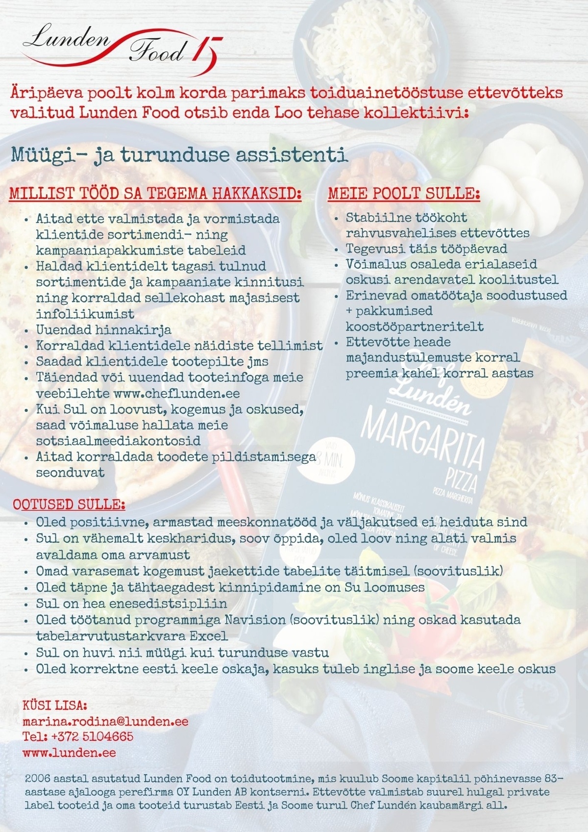 Lunden Food OÜ Müügi- ja turunduse assistent