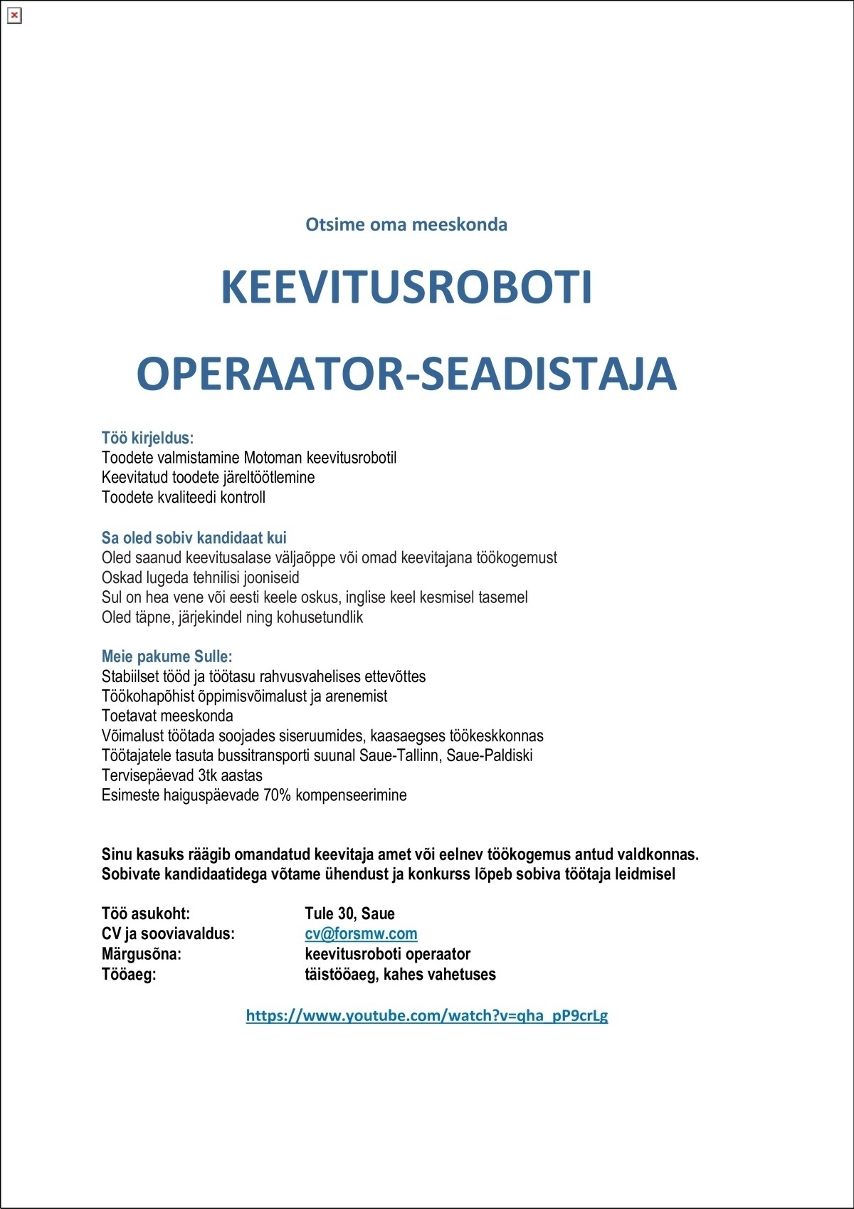 Fors MW AS KEEVITUSROBOTI Operaator-Seadistaja