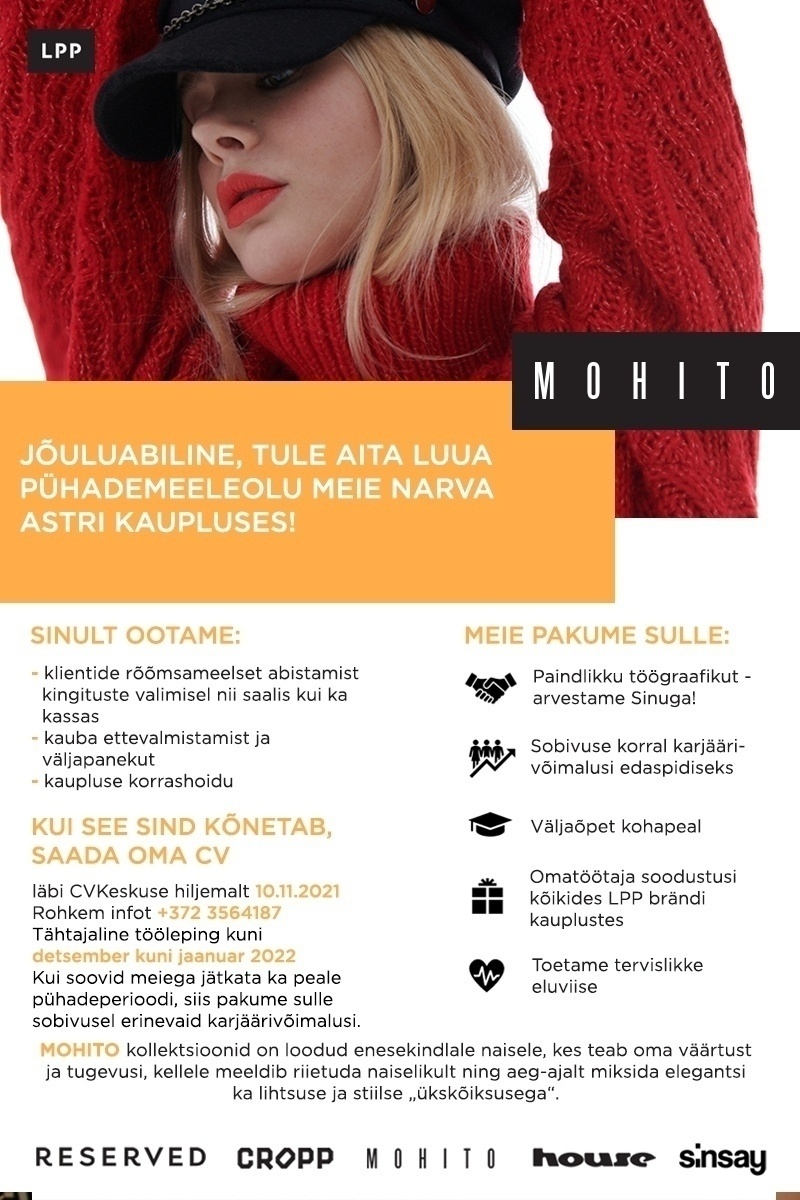 LPP Estonia OÜ Jõuluabiline (0,5 koormus) Astri keskuse MOHITO kauplusesse