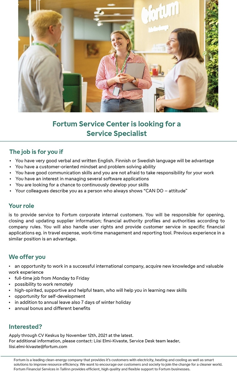 FORTUM CFS EESTI OÜ Service Specialist