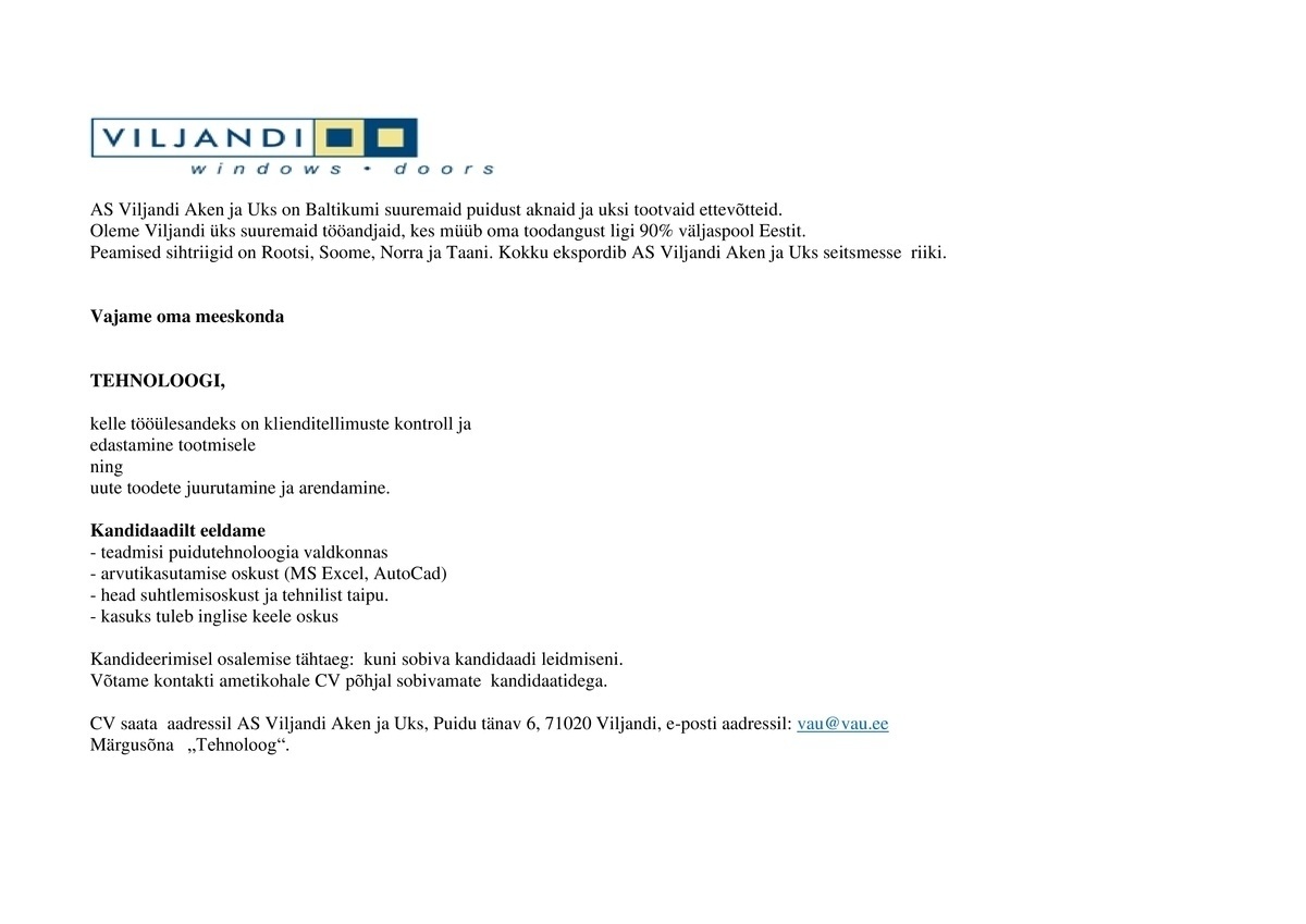 Viljandi Aken ja Uks AS Tehnoloog