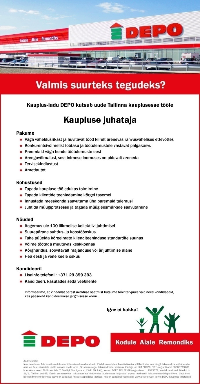 DEPO DIY EE OÜ Kaupluse juhataja