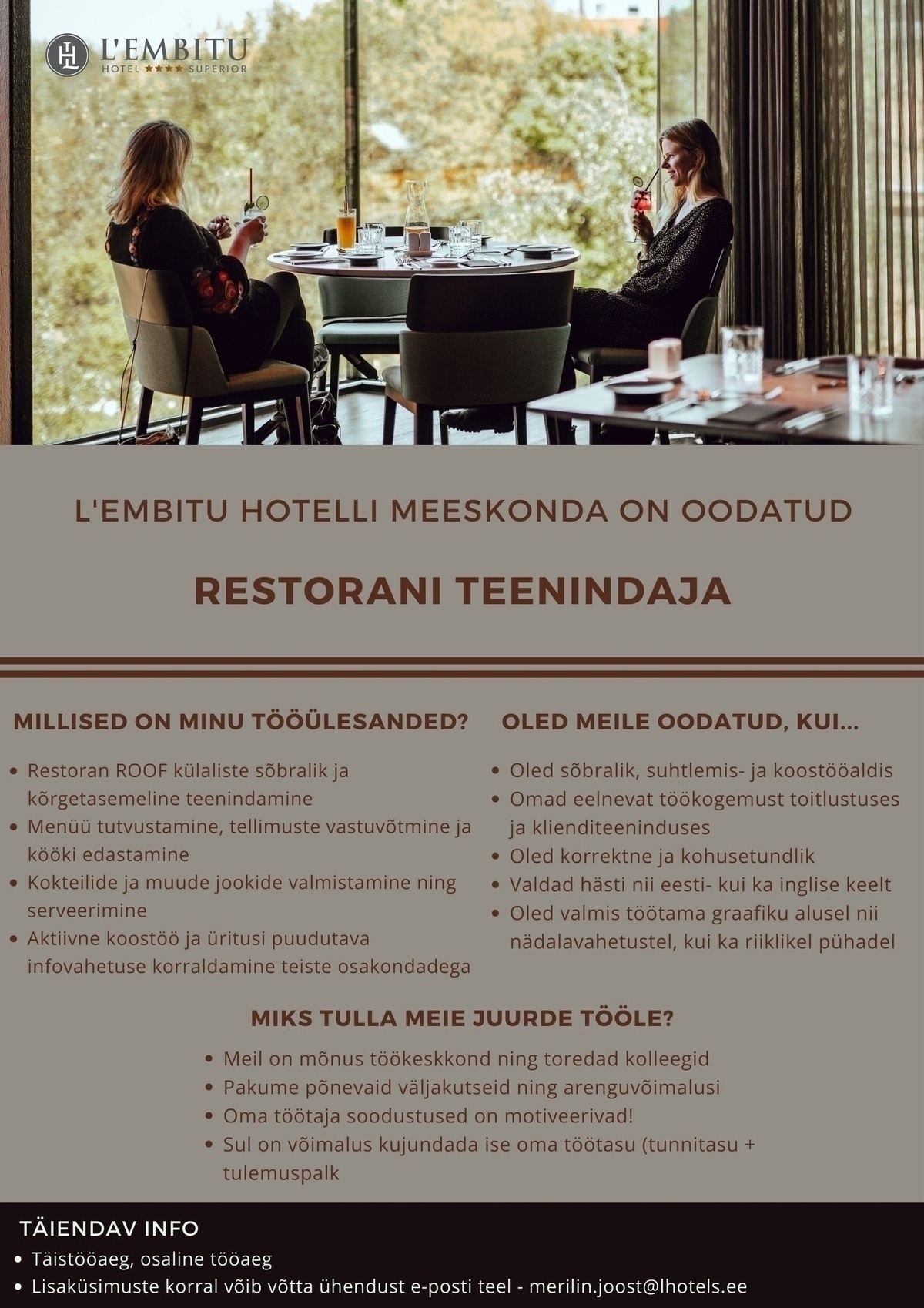 HOTEL L'EMBITU OÜ Restorani teenindaja
