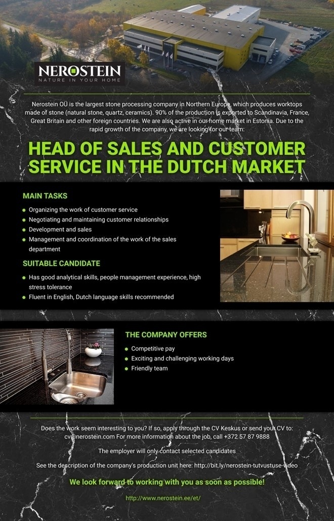 NEROSTEIN OÜ Head of sales and Customer Service in the Dutch market