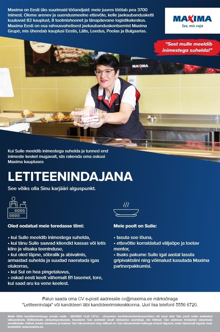 Maxima Eesti OÜ Klienditeenindaja Maardu Maximas (Keemikute tn 2)