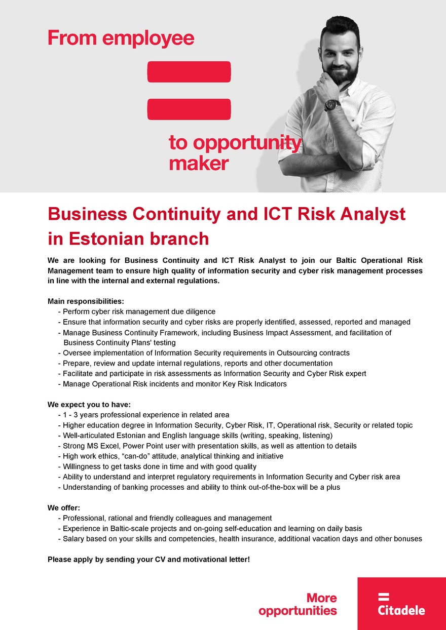 AS CITADELE BANKA EESTI FILIAAL Business Continuity and ICT Risk Analyst