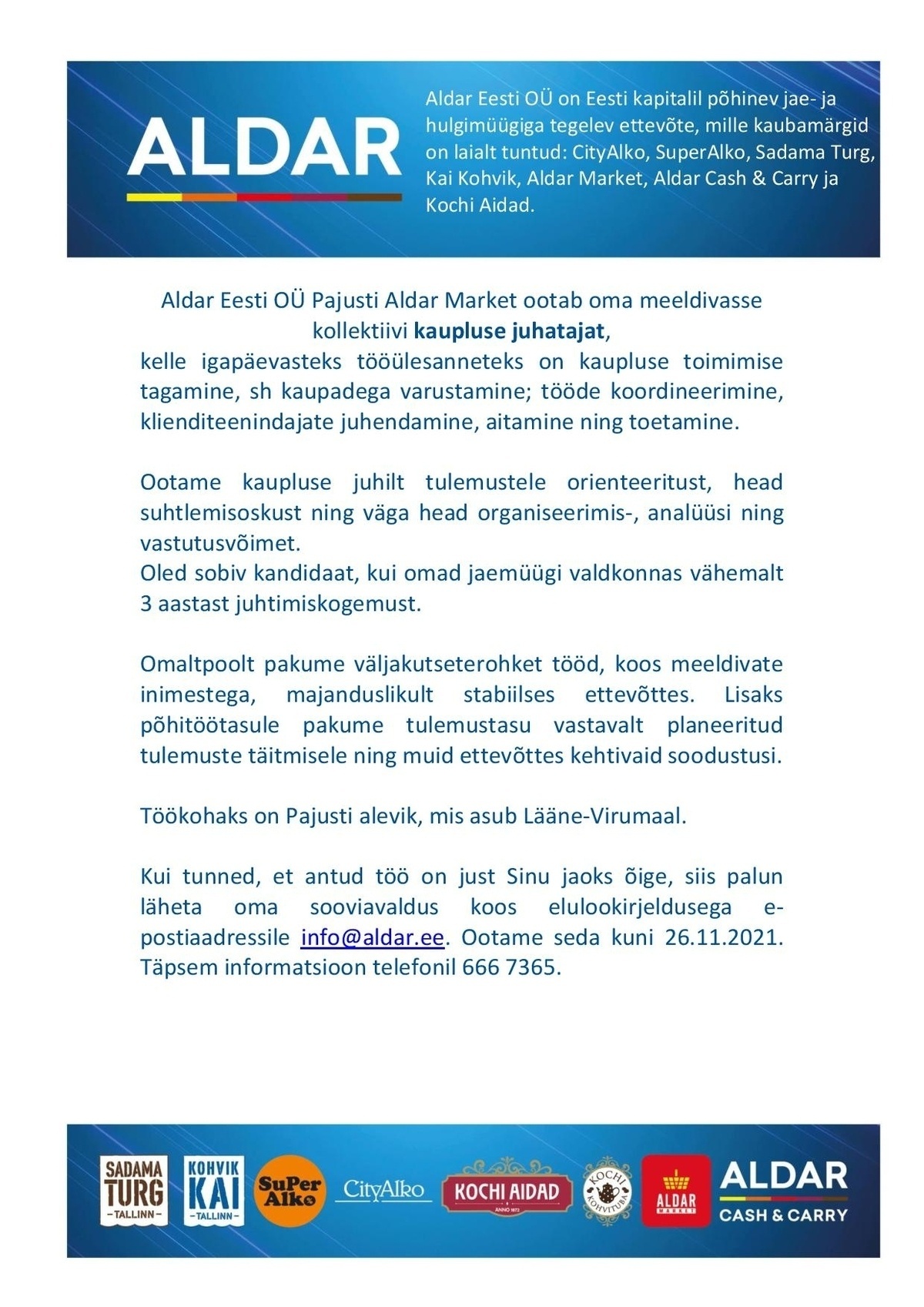 Aldar Eesti OÜ Pajusti AM Kaupluse juhataja