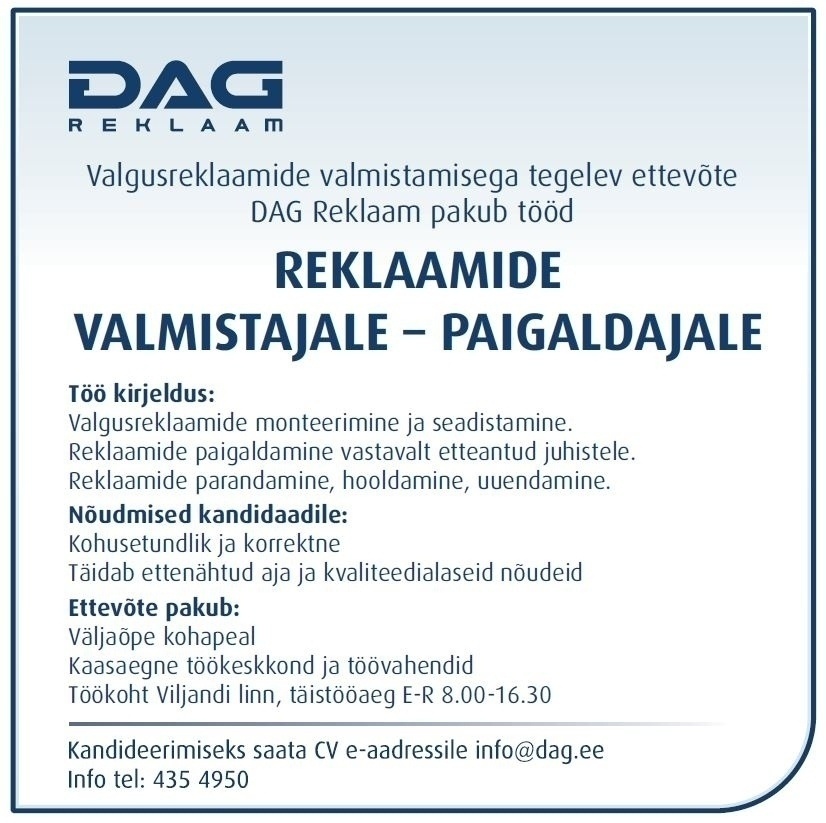 DAG REKLAAM OÜ Reklaamide valmistaja - paigaldaja