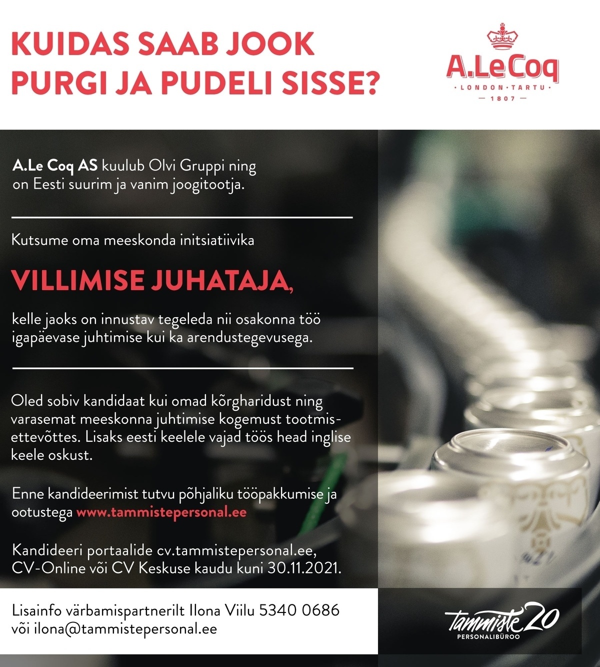 Tammiste Personalibüroo OÜ Villimise juhataja (A. Le Coq)