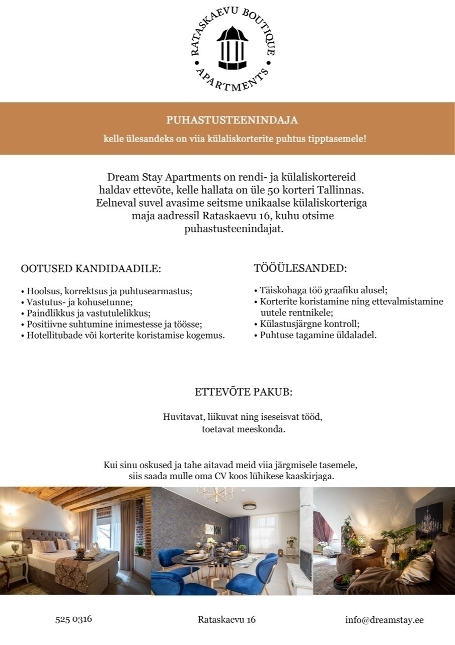 Dream Stay OÜ Toateenija/Koristaja Külaliskorterites