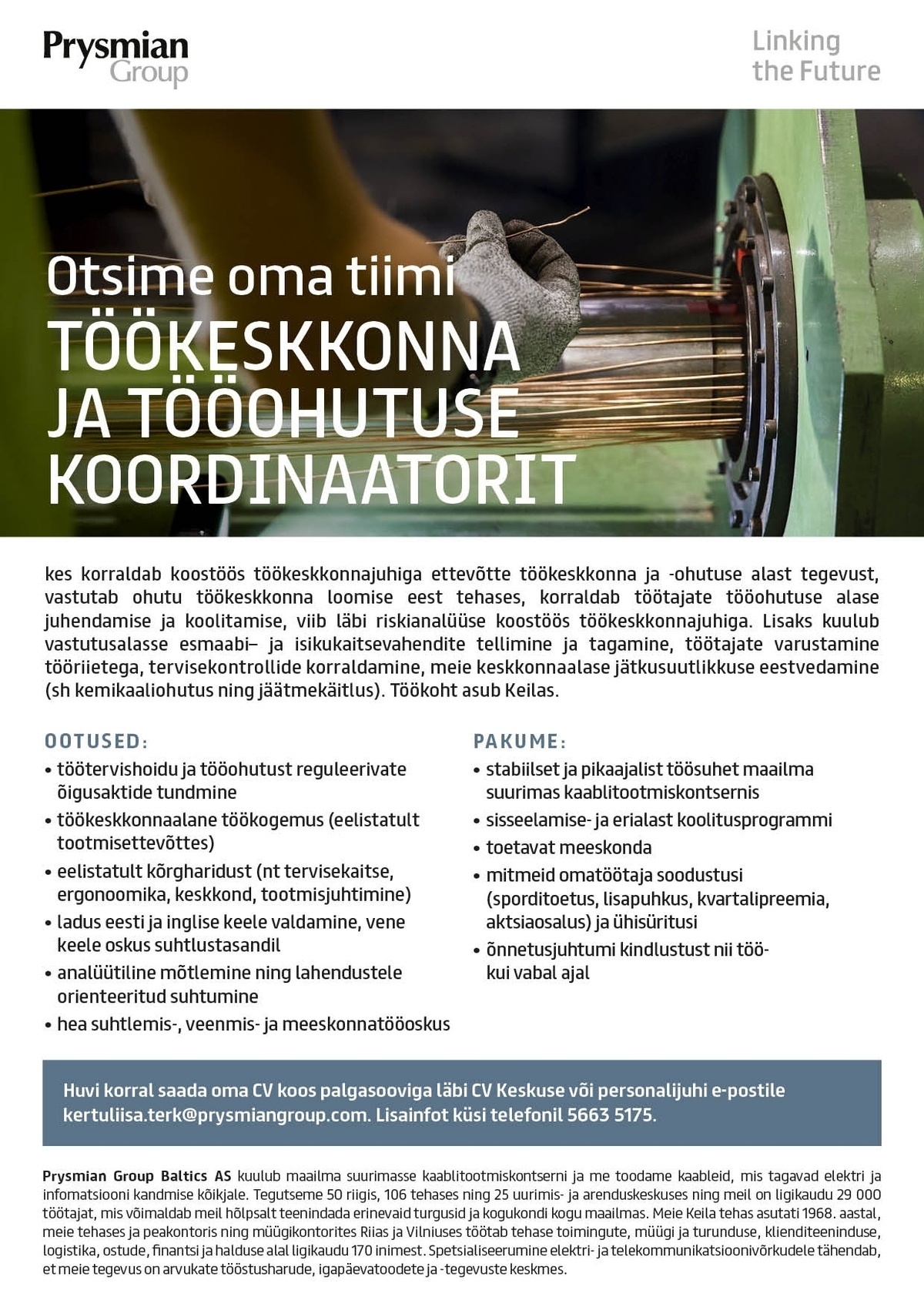 Prysmian Group Baltics AS Töökeskkonna ja tööohutuse koordinaator